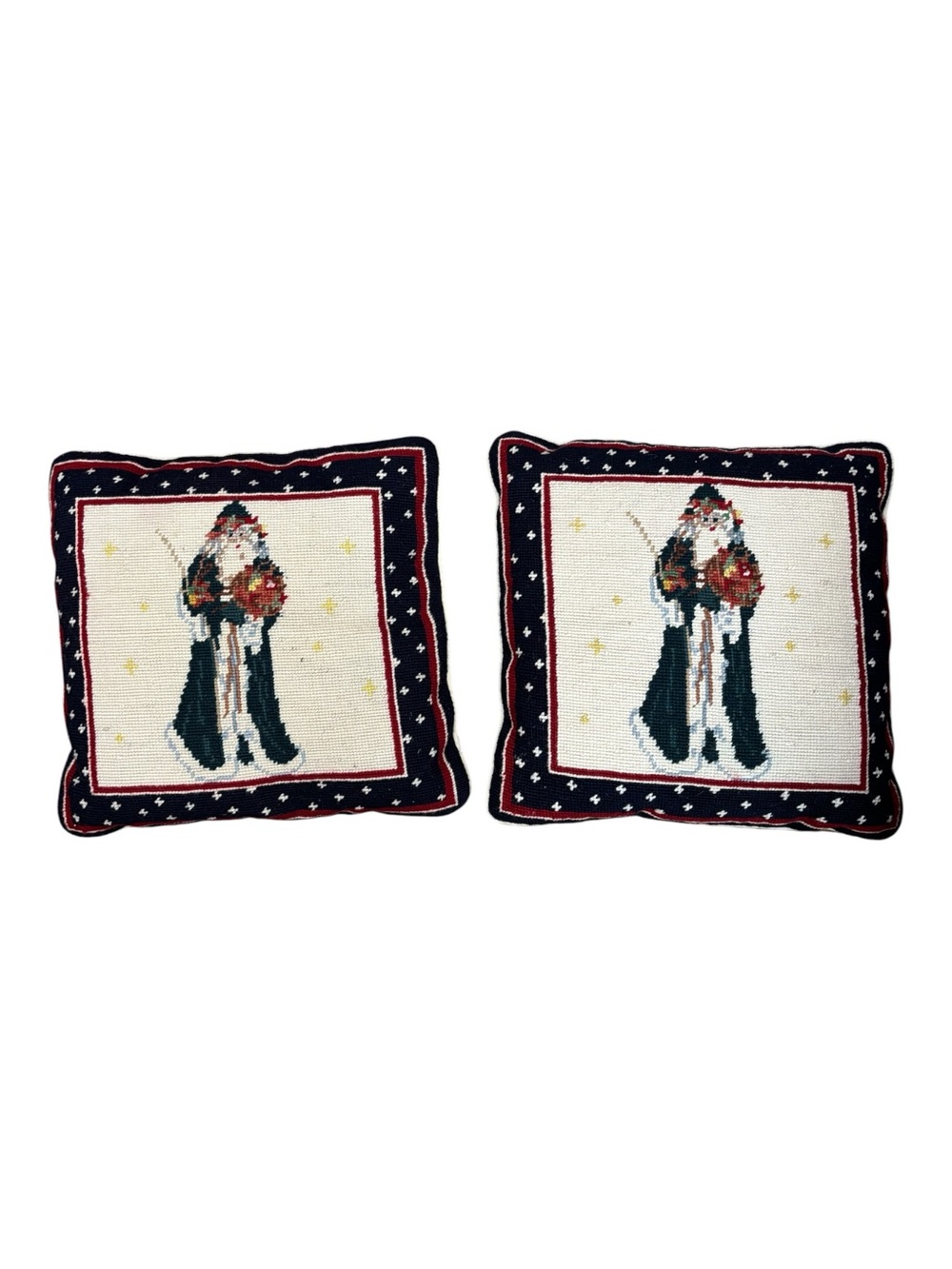 Vintage Needlepoint Santa Christmas Throw Pillows Primitive Folk Art Pair